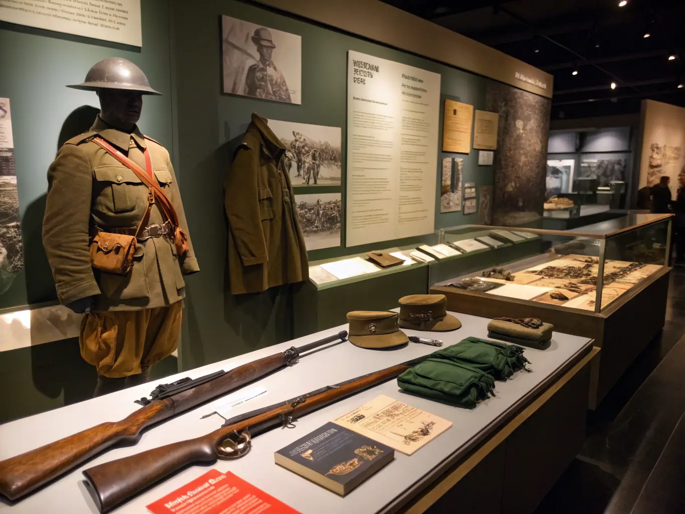 A photograph of the 1916 Easter Rising exhibit, showcasing weapons, uniforms, and historical documents related to the rebellion.