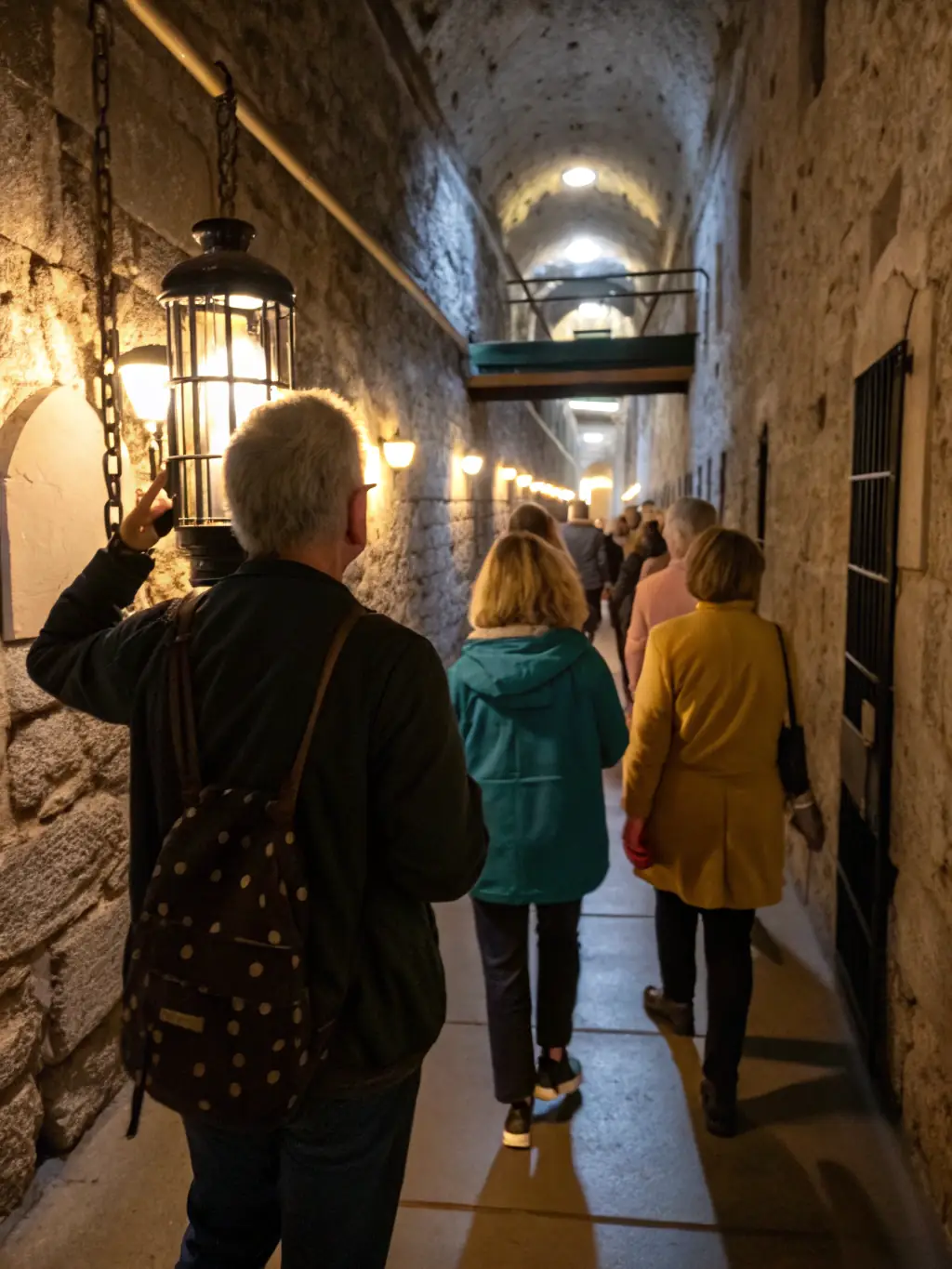 A group of visitors walking through a dimly lit corridor in Kilmainham Gaol, led by a tour guide holding a lantern. The atmosphere is somber and reflective.