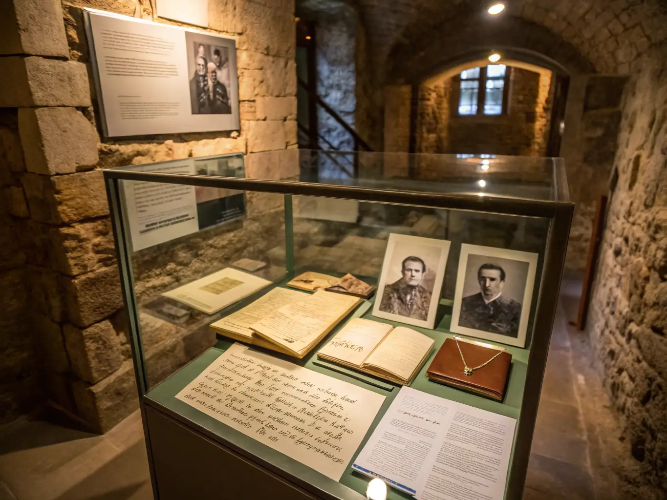 A well-lit display case featuring letters and personal belongings of prominent figures imprisoned in Kilmainham Gaol, set against a backdrop of aged stone walls.