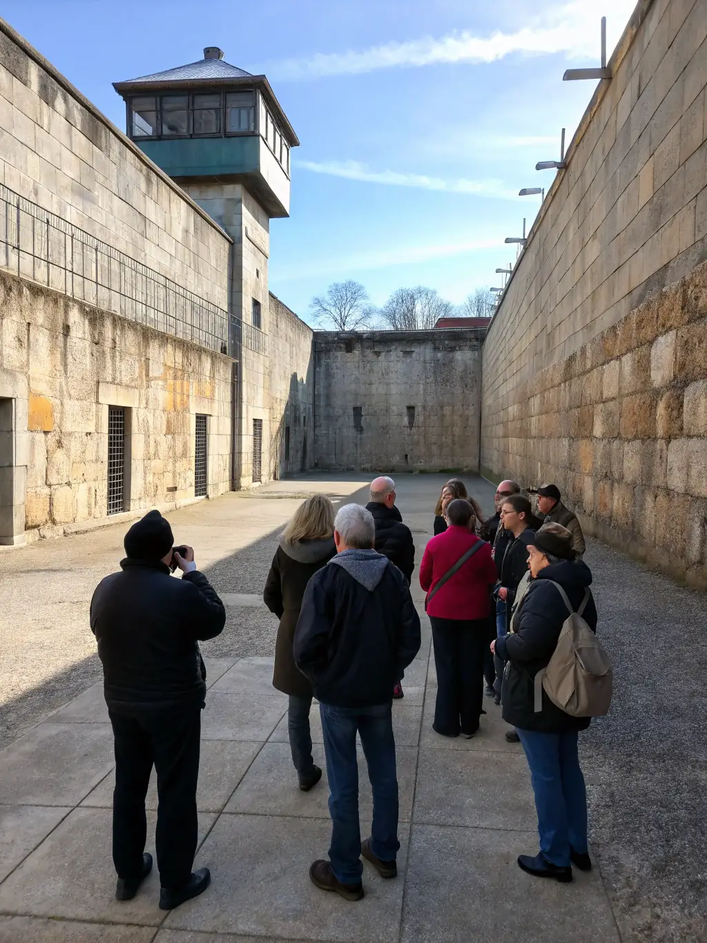Visitors gathered in the prison yard, listening to a guide explain the events that took place there, with the stone walls surrounding them.