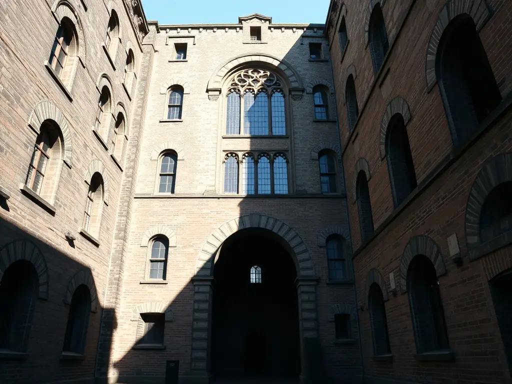 A photograph of the Kilmainham Gaol's East Wing, highlighting its architectural features and historical significance, with a focus on the vastness and somber atmosphere of the prison.