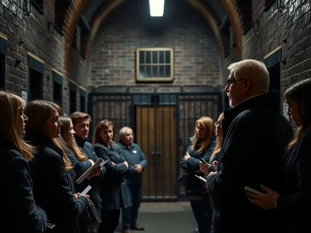 A photograph of visitors on a guided tour inside Kilmainham Gaol, focusing on a guide explaining the history of the prison to a group of attentive tourists in one of the cell blocks.
