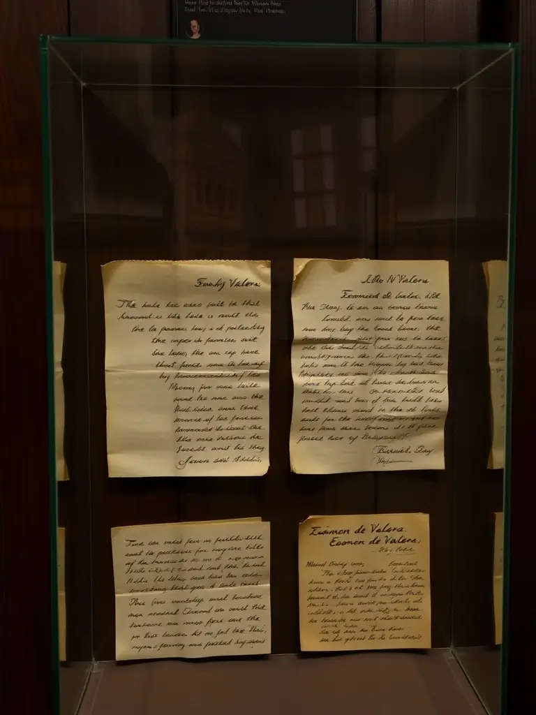 A photograph of the 1916 Easter Rising exhibit at Kilmainham Gaol, showcasing original letters and artifacts from the leaders of the rebellion.