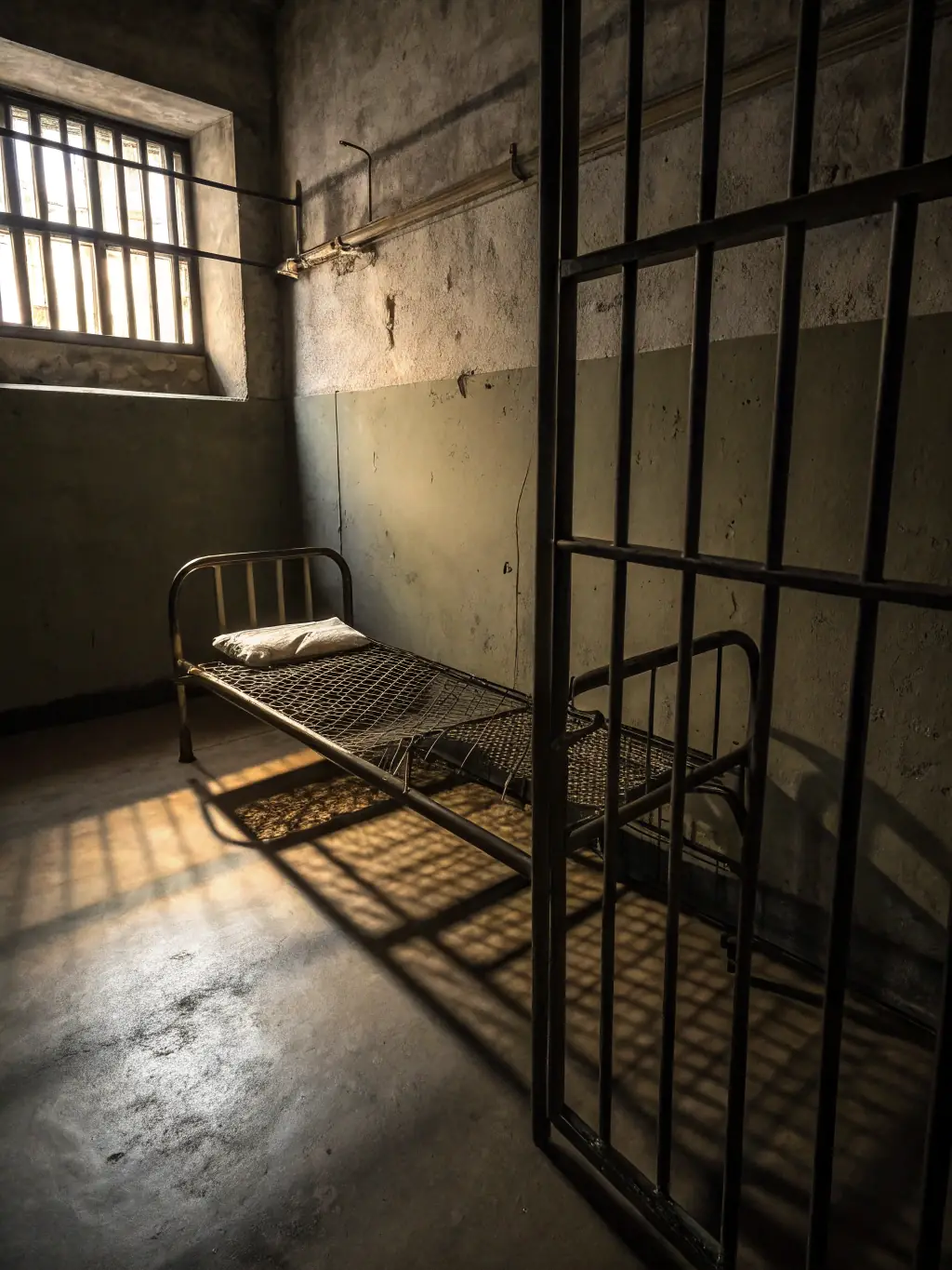 A close-up shot of the cell where Éamon de Valera was held at Kilmainham Gaol, focusing on the stark conditions and historical significance.